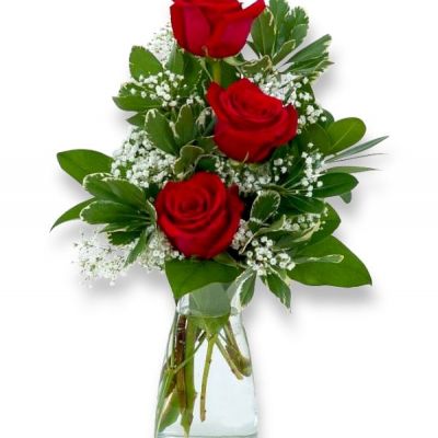 A simple and beautiful vase filled with three red roses.
