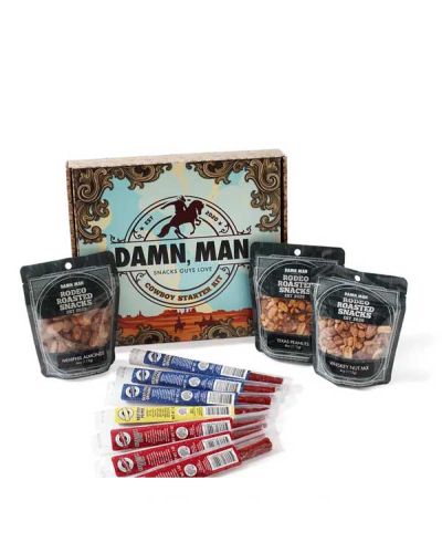 Saddle up for a snack kit that makes everyone say, “Yee-Haw!” Head out to the ranch or rodeo with all the treats you need. Our Cowboy Starter Kit has a variety of flavors to wrangle in wherever you are. 

The box includes seven beef sticks and three bags of 4 oz. snacks. Get all the horsepower you need with this assortment. The Damn Man Cowboy Starter Kit offers "spice and nice" in one flavorful bundle. 

Savor Rodeo Memphis Almonds, Texas BBQ Peanuts, and a Whiskey Nut Mix. Beef stick options include Mild and Spicy Smokies and Black Peppered. Crack open the box of snacks fit for a cowboy. 

1 Rodeo Roasted Memphis BBQ Almonds 4 Oz. Bag 
1 Texas BBQ Peanuts in a 4 Oz. Bag
1 Whiskey Nut Mix in a 4 Oz. Bag
3 Spicy Smokie Beef Sticks
3 Mild Smokie Beef Sticks
1 Black Peppered Beef Stick

6 Cowboy Starter Kits with Beef and Nuts are in 1 Case.

Details
• Made in United States
• Contains: Peanuts, Soy, and Tree nuts
• Ingredients: Memphis BBQ Almonds: Almonds, sugar, apple cider vinegar, brown sugar powder, sea salt, spices; Whiskey Nut Mix: Almonds, cashews, peanuts, sugar, whiskey, natural flavors; Texas BBQ Peanuts: Peanuts, sugar, apple cider vinegar, sea salt, Worcestershire flavor (vegan), spice; Beef sticks: beef, pepper salt 

• Product Language: English
• Shelf life: 12–24 months
• Storage: Shelf-stable
• Weight: 2 lb (0.91 kg)
• Dimensions: 10.1 x 9.4 x 1.6 in (25.7 x 23.9 x 4.1 cm)
• SKU: DMCSK