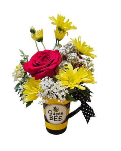 Send flowers for your Queen Bee, hand-painted raised ceramic, 13oz mug in yellow and black, arrives in gift box, flowers are red roses and yellow daisies, shown is deluxe. 
**** local delivery only ***