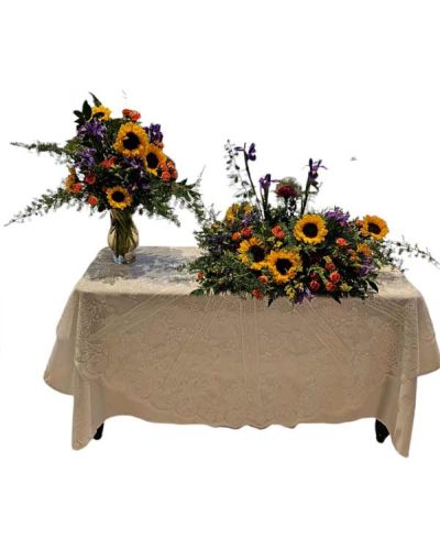 Display for cremation service to be placed on a table
1 vase floral and 1 arrangement for the urn placement or photo
Bright colors shown, can also be customized with other colors.