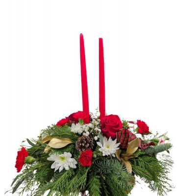 Beautiful holiday centerpiece with red candle(s) and holiday greens, florals and decor.

Standard arrangement contains 1 candle, deluxe contains 2 candles, and premium/exquisite contains 3 candles.