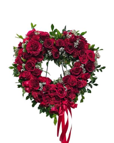 Gorgeous display of red roses in 18 inch open heart comes with wire easel, premium wooden easel and larger heart 24inch