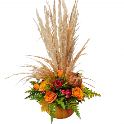 Introducing our Exclusive Boho Chic Pumpkin Charm, the ideal centerpiece to embrace the warmth of fall! This enchanting ceramic pumpkin showcases a beautiful arrangement of orange spray roses, vibrant red hypericum berries, and cheerful yellow solidago. To add a touch of glamour, a glittery pumpkin is nestled among the blooms, while delicate wheat and soft pampas grass provide the perfect boho touch to complete the design. It’s a stunning piece that brings seasonal charm and elegance to your home décor!  Welcome the fall season in style with this unique and eye-catching centerpiece