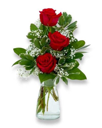 A simple and beautiful vase filled with three red roses.
standard is shown, deluxe is 6 and premium is 12 med stem