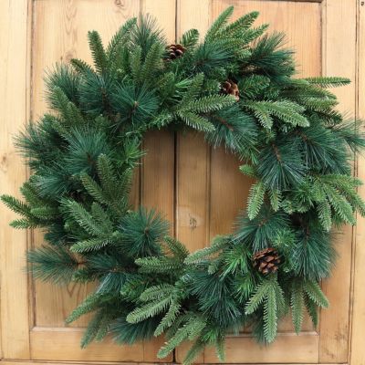 14" Wreath with assorted Christmas greens and pinecones ready to hang.