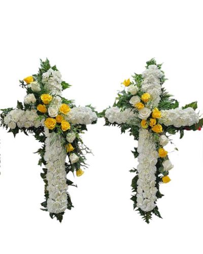 Set of 2 crosses on wire easel for standard and deluxe, colors can be changed if available.
Premium arrives on wooden easel and larger crosses