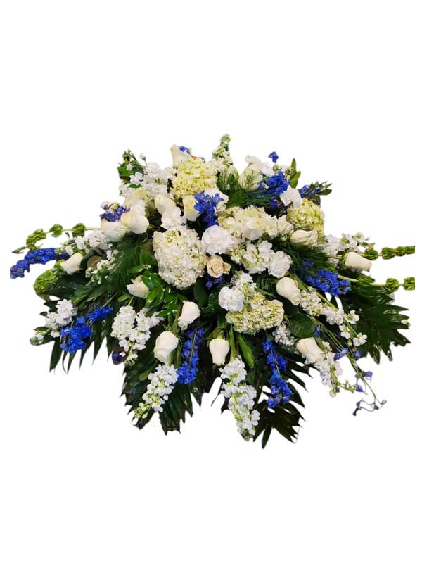 Blue and White Casket Cover Flower Arrangement