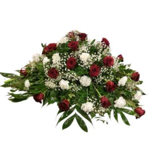 Red and White Casket Cover Flower Arrangment