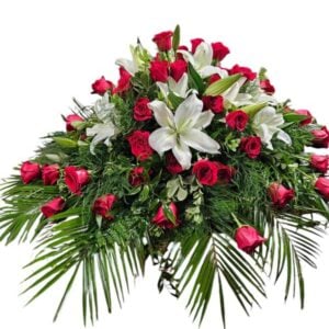 Red Roses with White Oriental Lilies Casket Cover Flower Arrangement