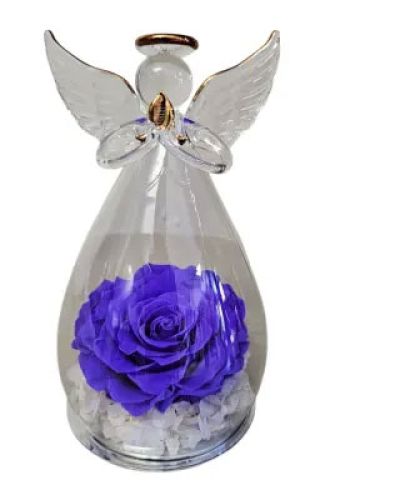 <p>A beautifully preserved purple rose encased in a glass dome angel</p>