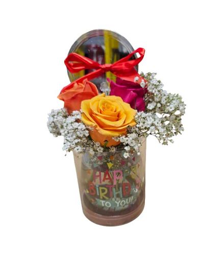 <p>A Stemless wine glass great for toasting for the best birthday year. standard is wine glass in clear box, deluxe adds 3 roses and premium adds 6 roses into the glass with babies breath<br />
****local delivery only****</p>