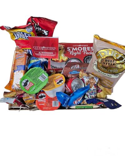 <p>Includes an assortment of chips, cookies, bars, soda, nuts, crackers, along with an adult smores kit.</p>