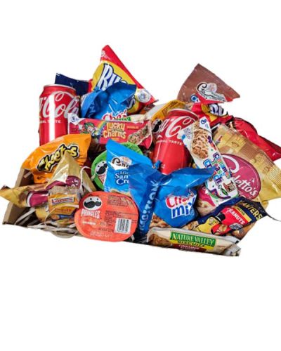 <p>This basket has a mix of chips, cookies, bars, soda, nuts, and crackers.</p>