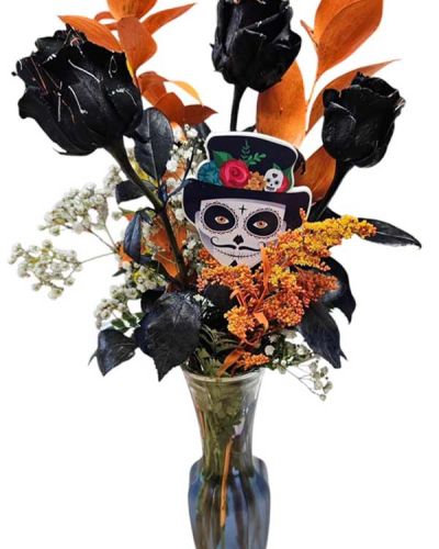 <p>3 Halloween inspired roses with day of the dead pick and decor</p>
