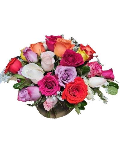 <p>Gorgeous mix of the freshest colored roses available arrive in a clear glass Posie vase along with a touch of babies breath and designer greens, shown is deluxe, 2 dozen roses.</p>