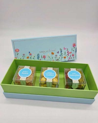 <p><em>Welcome to Our Garden of Sweet Delights.</em></p>
<p>This 3 piece bento box includes bubbly bears, lemon shortbread cookies and baby butterfly gummies.</p>