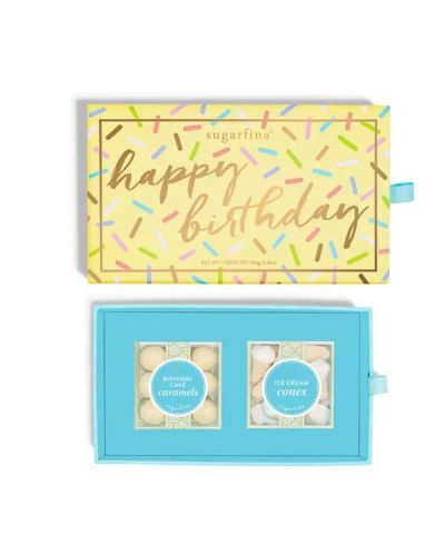 <p>Make every birthday that much sweeter with our Happy Birthday 2 Piece Candy Bento Box, sure to bring smiles to every birthday celebration. Inside, your lucky recipient will find the following candy cubes:<br />
Birthday Cake Caramels: artisan caramels dipped in creamy white chocolate, then infused with a colorful splash of rainbow confetti</p>
<p>-Ice Cream Cones: ice cream candy gummies in delicious flavors of strawberry, raspberry and vanilla waffle cone<br />
Details<br />
• Made in United States<br />
• Contains: Milk, Peanuts, Soy, Tree nuts, and Wheat</p>