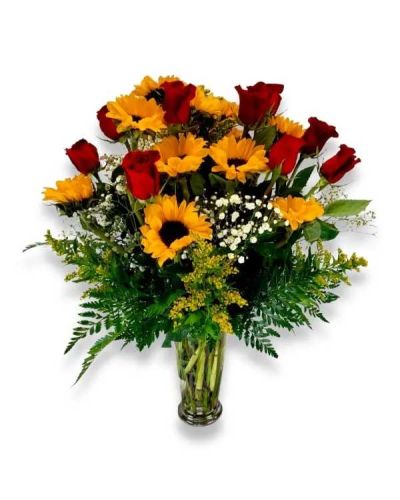 <p>Brighten anyone's day with this stunning sunflower and rose bouquet. One dozen of our freshest sunflowers paired with one dozen of our freshest roses presented in a glass vase.</p>
<p>SHOWN is 12 roses and 12 sunflowers - Premium is 18 roses and 18 sunflowers</p>
